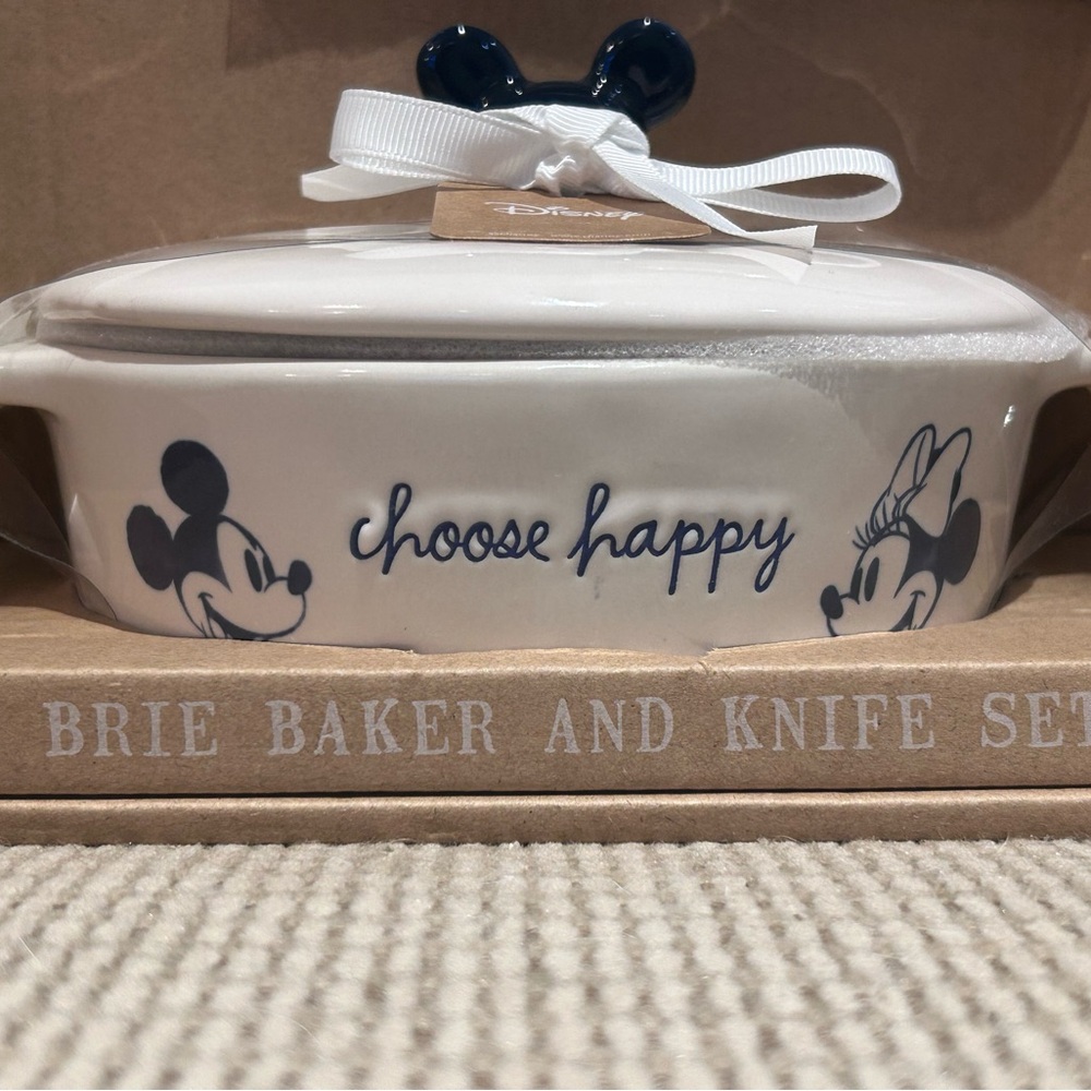 Rae Dunn Disney Mickey Mouse “choose happy” Ceramic Brie Baker and Knife Set - Picture 2 of 7